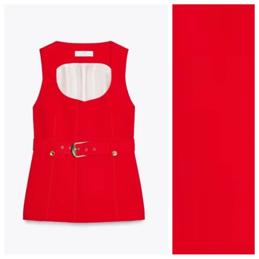 NWT. Zara Red Viscose Blend Long Vest with Belt. Size S.